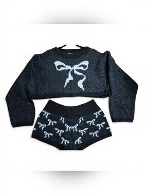 Urban Outfitters Black Sweater with White Bow With Shorts Top Small Bottom XL
